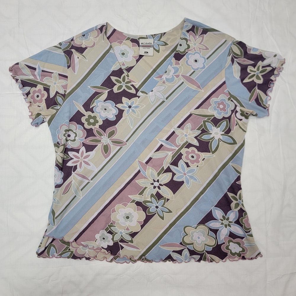 Columbia Vertex Women XL Floral Stripe V-Neck Top Lettuce Edge Short Sleeve Mesh
